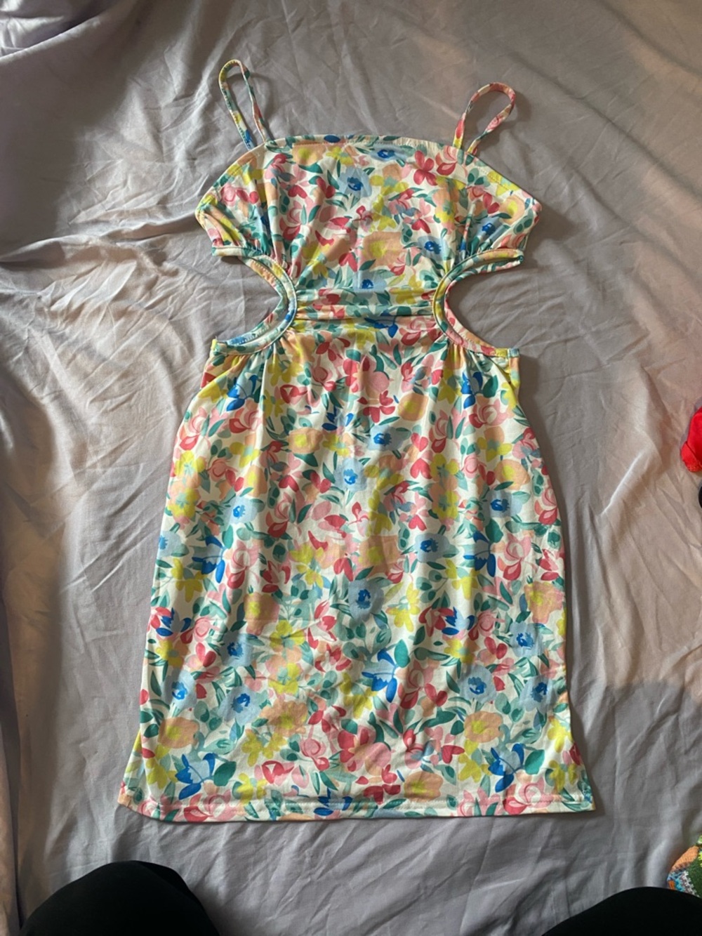 SHEIN Pink Blue Yellow Floral Cutout Mini Dress